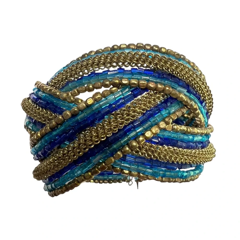 Beaded Cuff Bracelet Blue Gold Tone Statement‎ Bohemian Fashion Jewelry